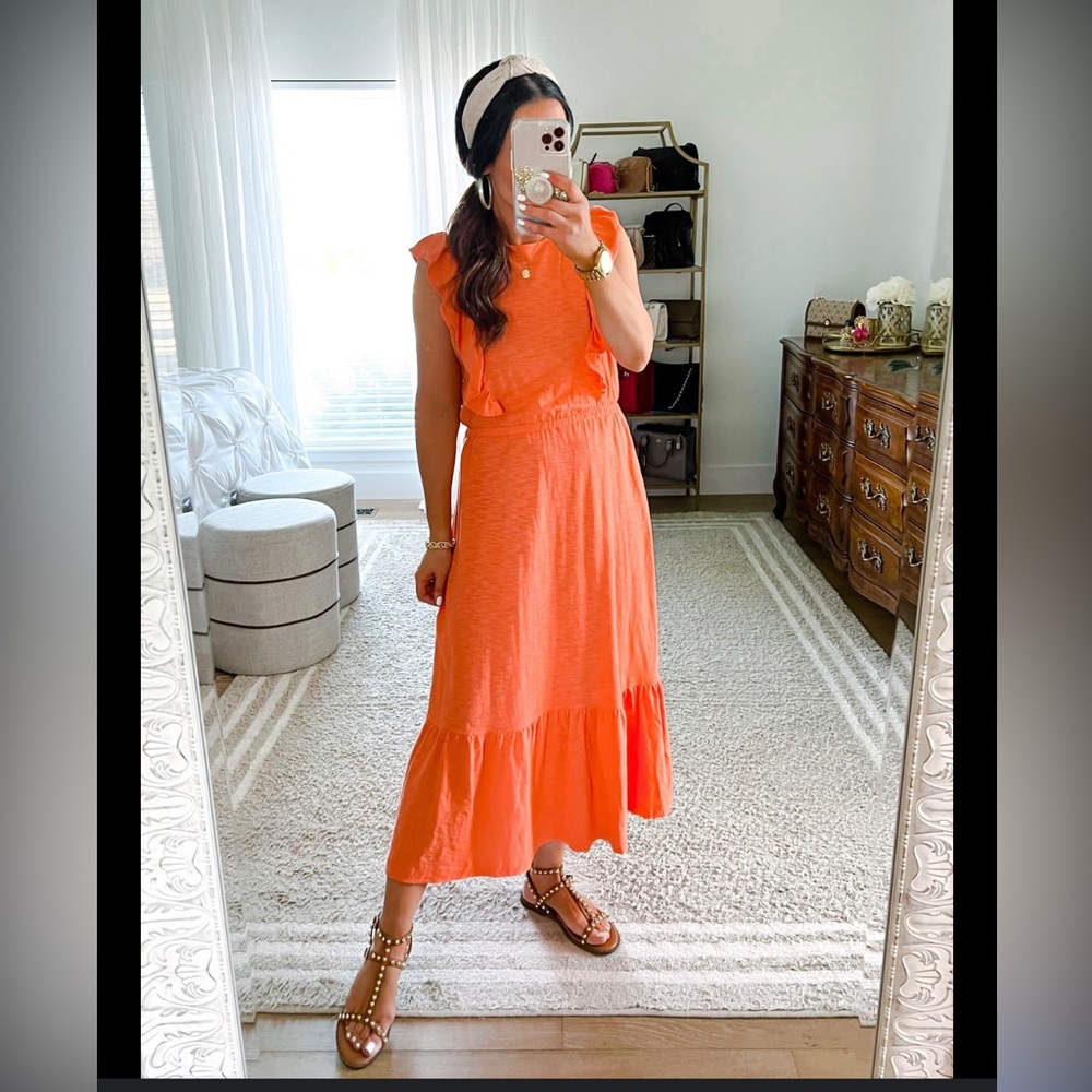 NWT LOFT ruffle sleeve tiered midi, Medium, coral